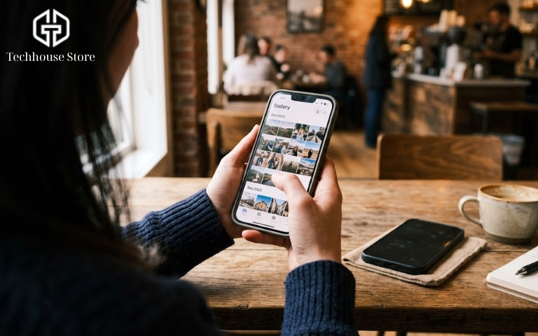 Bán iPhone cần làm gì? Các bước cần nhớ trước khi giao máy Cận cảnh một người đang cầm điện thoại di động mở thư viện ảnh để kiểm tra dữ liệu, chiếc điện thoại cũ nằm tắt màn hình ở phía sau.