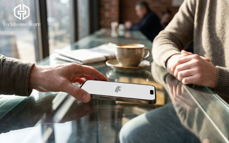 Bán iPhone cần làm gì? Các bước cần nhớ trước khi giao máy Một chiếc điện thoại di động hiển thị màn hình chào mừng dạng chữ viết tay được đặt trên mặt bàn, sẵn sàng được bàn giao cho người ngồi đối diện.