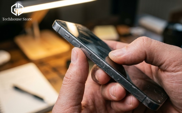Định giá iPhone cũ như thế nào? Cách ước tính sát giá thu thực tế Cận cảnh hai bàn tay đang nghiêng góc một chiếc điện thoại dưới ánh đèn chiếu sáng để kiểm tra các vết xước nhỏ trên viền kim loại.