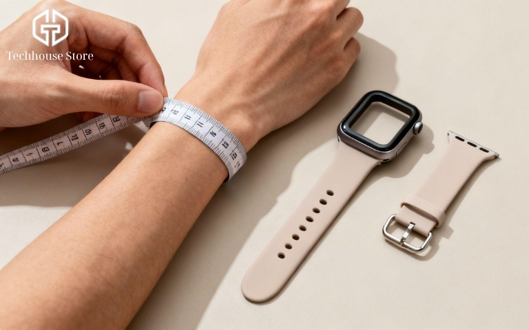Cách chọn size Apple Watch theo cổ tay: 40, 41, 42, 44, 45, 46 hay 49mm? Người dùng đo chu vi cổ tay bằng thước dây cạnh Apple Watch và dây đeo.