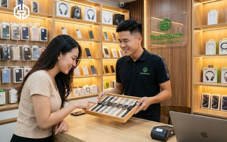 Pin Apple Watch dùng được bao lâu? Thực tế với Series 3, 4 và 5 cũ Khách hàng xem Apple Watch cũ cùng nhân viên tại Tech House Store