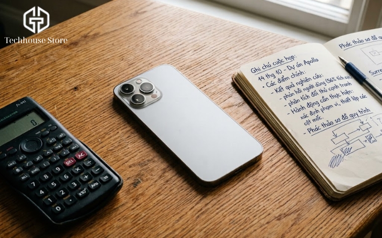 Định giá iPhone cũ như thế nào? Cách ước tính sát giá thu thực tế Cận cảnh một chiếc điện thoại đặt trên mặt bàn gỗ, nằm cạnh một chiếc máy tính bỏ túi và một cuốn sổ tay ghi chú, minh họa cho việc tính toán giá cả.