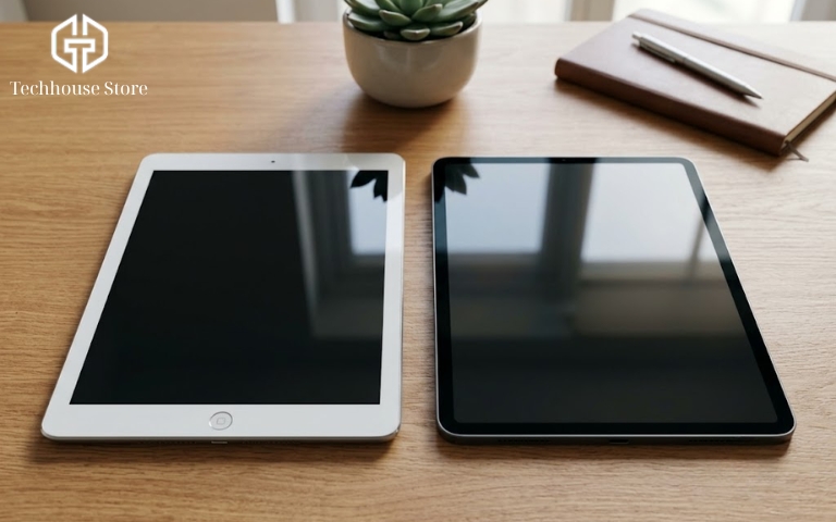 Hai chiếc máy tính bảng iPad Air 4 viền mỏng và iPad Gen 9 có nút Home đặt cạnh nhau trên bàn gỗ làm việc thực tế.