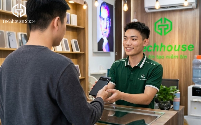 Định giá iPhone cũ như thế nào? Cách ước tính sát giá thu thực tế Một khách hàng đang đưa chiếc điện thoại cũ của mình cho nhân viên kỹ thuật qua mặt quầy kính tại một cửa hàng công nghệ sáng sủa.