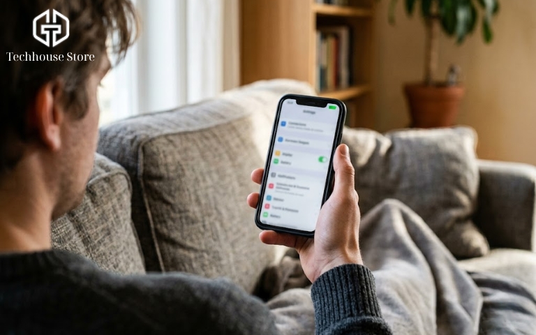 Định giá iPhone cũ như thế nào? Cách ước tính sát giá thu thực tế Góc nhìn qua vai một người đang cầm điện thoại mở màn hình cài đặt với giao diện hiển thị thanh trạng thái pin, minh họa bước kiểm tra chức năng phần mềm.