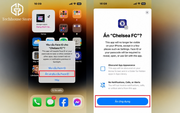 Cách ẩn ứng dụng trên iPhone và mở lại khi cần họn Ẩn và yêu cầu Face ID để ẩn ứng dụng trên iPhone