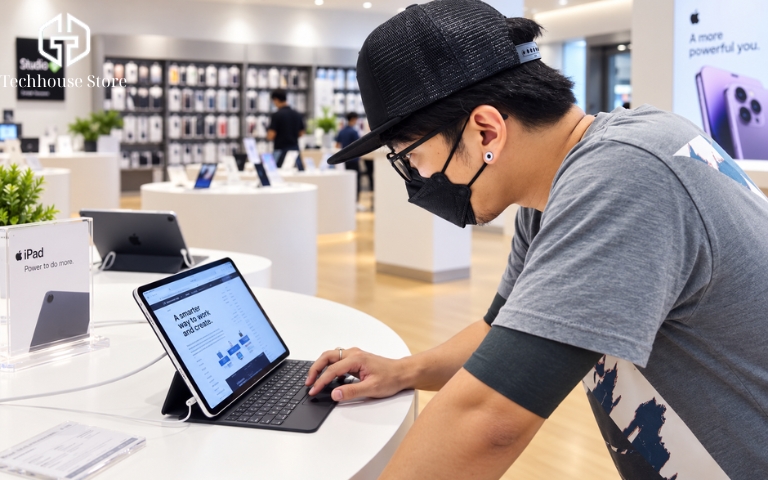 Cách kiểm tra iPad cũ chuẩn từng bước trước khi xuống tiền Người dùng trực tiếp kiểm tra iPad tại cửa hàng trước khi quyết định mua