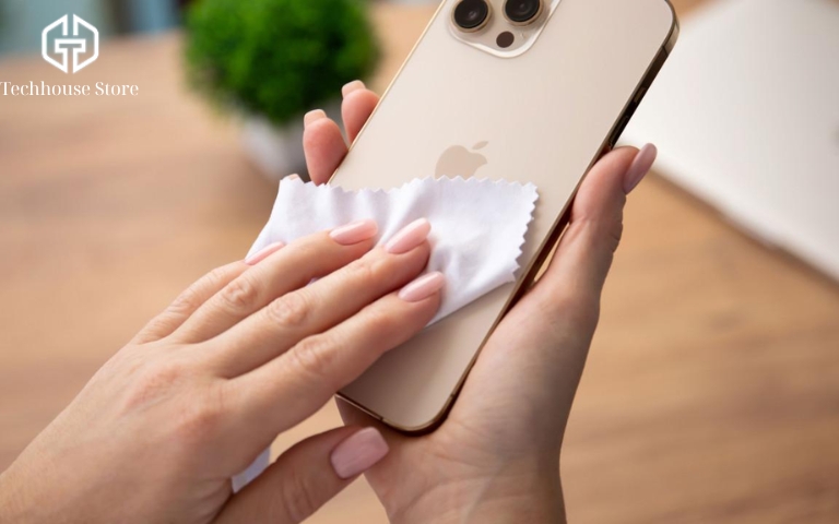 iPhone vô nước phải làm sao? Hướng dẫn xử lý đúng cách để hạn chế hư hỏng Bàn tay dùng khăn mềm màu trắng lau mặt lưng chiếc iPhone màu vàng, minh họa cách làm khô điện thoại sau khi tiếp xúc với nước.