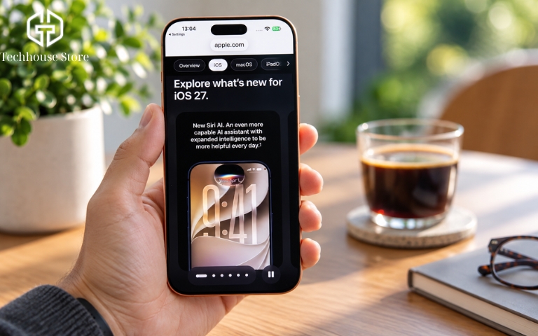 Cách cập nhật iOS 27 đúng cách trên iPhone Người dùng cầm iPhone mở trang giới thiệu iOS 27 của Apple.