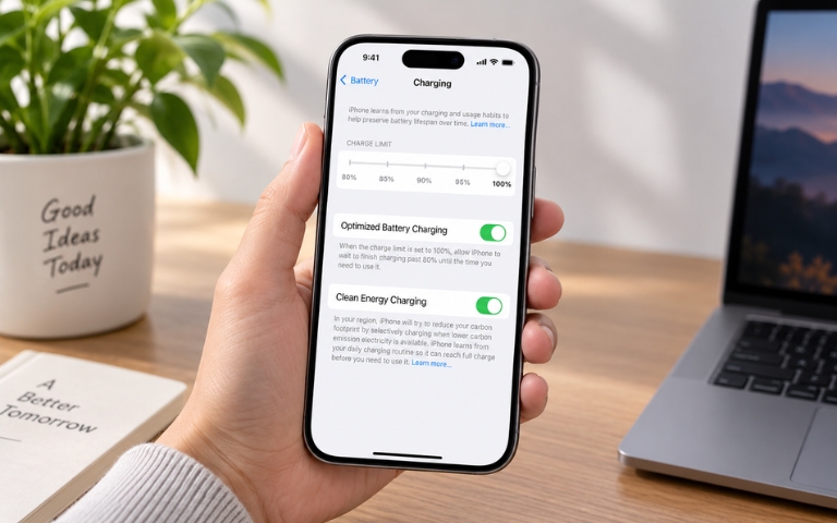 Cách bảo vệ pin iPhone giúp pin bền hơn khi sử dụng Màn hình Charge Limit trên iPhone với các mức giới hạn sạc từ 80% đến 100%.