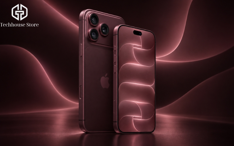 iPhone 17 Pro Max còn đáng mua không trong năm 2026? iPhone Pro Max màu đỏ rượu hiển thị mặt trước và cụm ba camera sau trong ảnh sản phẩm.