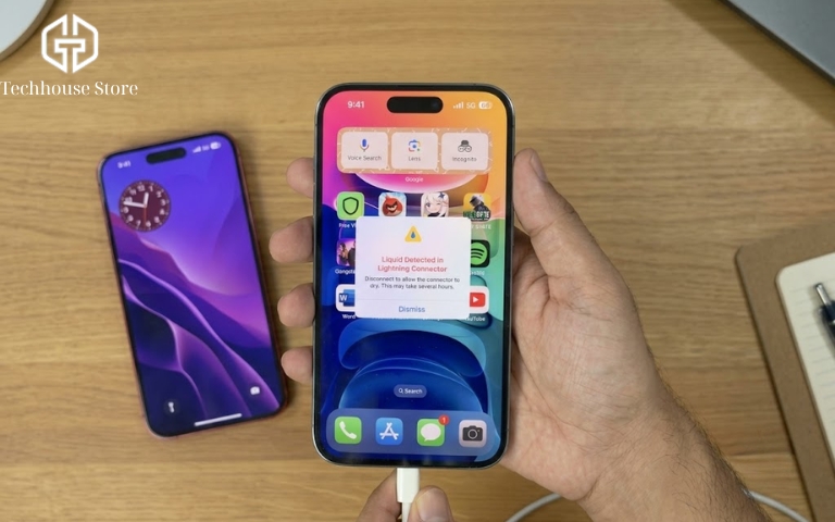 iPhone vô nước phải làm sao? Hướng dẫn xử lý đúng cách để hạn chế hư hỏng Người dùng cầm iPhone có màn hình hiển thị thông báo cảnh báo chất lỏng trong đầu nối sạc khi kết nối điện thoại với cáp.