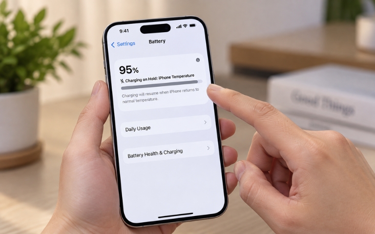 Cách bảo vệ pin iPhone giúp pin bền hơn khi sử dụng Màn hình iPhone hiển thị trạng thái tạm dừng sạc do nhiệt độ thiết bị.