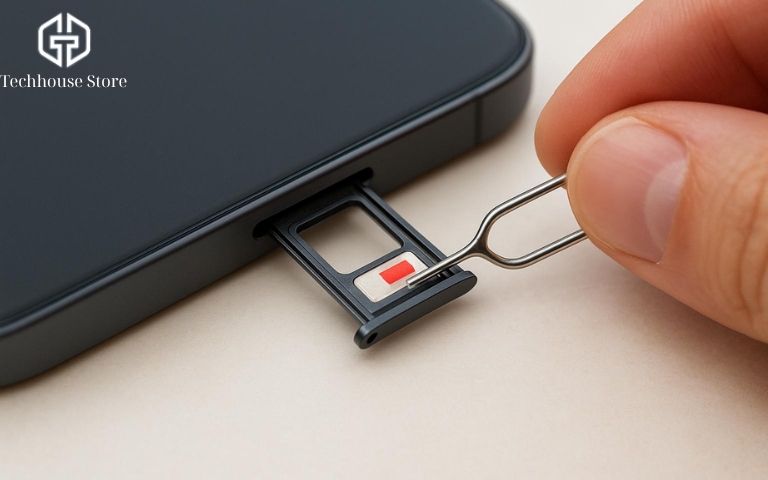 iPhone vô nước phải làm sao? Hướng dẫn xử lý đúng cách để hạn chế hư hỏng Cận cảnh khay SIM được kéo ra khỏi iPhone với chi tiết màu đỏ trên khay, minh họa khu vực cần phân biệt với vị trí chỉ báo nước.