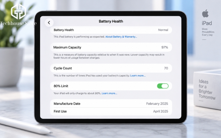Cách kiểm tra iPad cũ chuẩn từng bước trước khi xuống tiền Battery Health trên iPad hiển thị dung lượng tối đa và số chu kỳ pin