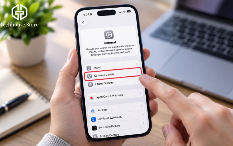Cách cập nhật iOS 27 đúng cách trên iPhone Người dùng chọn mục Cập nhật phần mềm trong Cài đặt chung trên iPhone