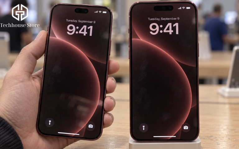 iPhone 18 Pro Max vs iPhone 17 Pro Max: Khác gì, có đáng nâng cấp? Hai iPhone Pro Max đặt cạnh nhau để so sánh màn hình và kích thước khu vực Dynamic Island.