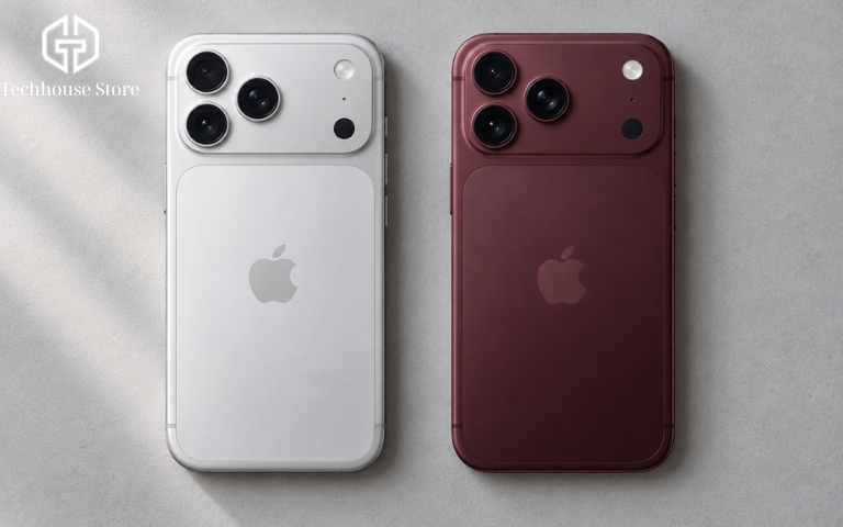iPhone 17 Pro Max còn đáng mua không trong năm 2026? Hai mẫu iPhone Pro Max màu sáng và đỏ rượu đặt cạnh nhau, cùng hiển thị mặt lưng và cụm ba camera.