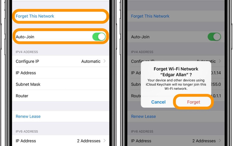 iPhone không kết nối được WiFi: Nguyên nhân và cách khắc phục Hai màn hình iPhone hiển thị tùy chọn quên mạng và xác nhận.