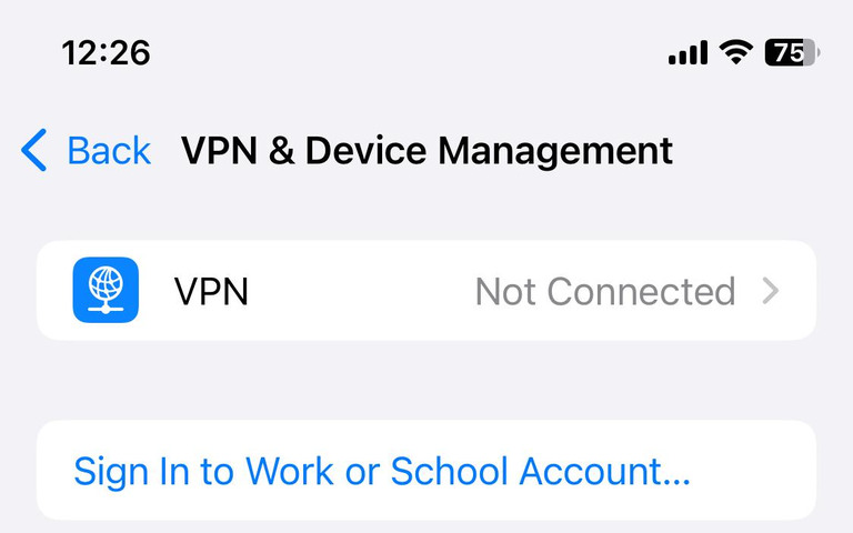 iPhone không kết nối được WiFi: Nguyên nhân và cách khắc phục Màn hình VPN & Device Management với VPN Not Connected.