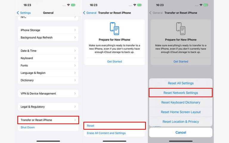 iPhone không kết nối được WiFi: Nguyên nhân và cách khắc phục Ba màn hình hướng dẫn chọn Reset Network Settings trên iPhone.