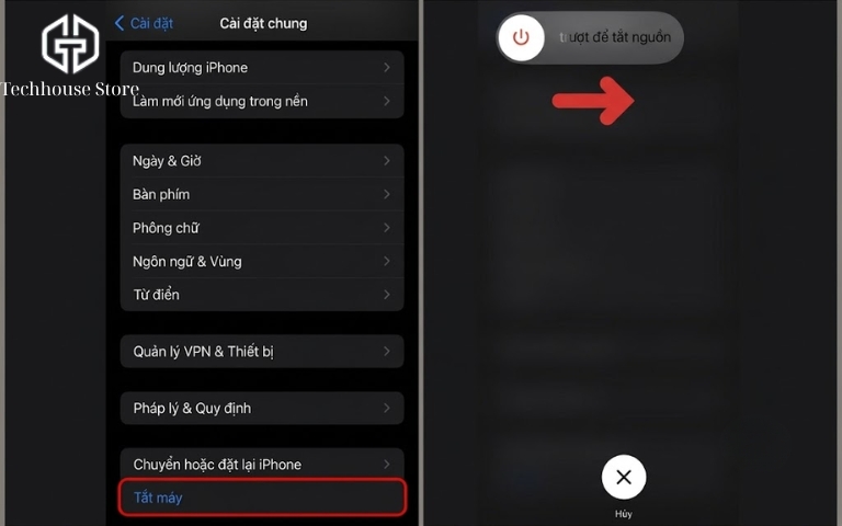Hình hướng dẫn vào mục Tắt máy trong Cài đặt iPhone và kéo thanh trượt để tắt nguồn trước khi khởi động lại.