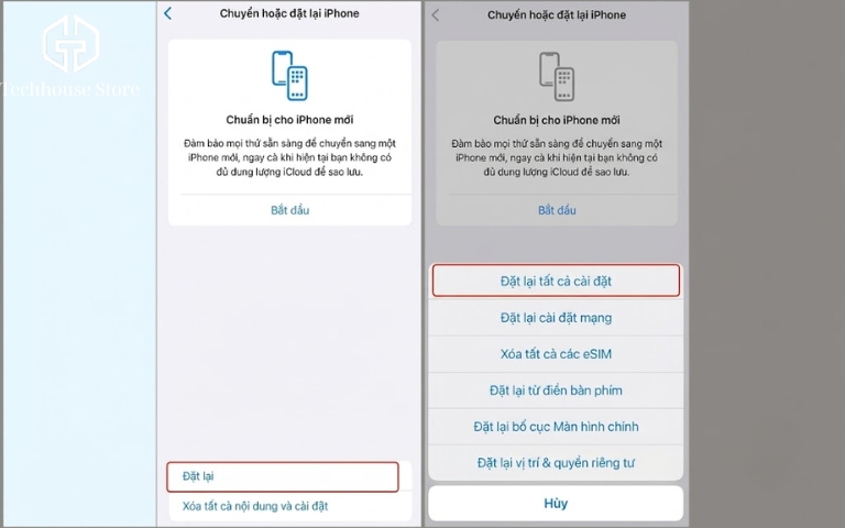 Hai ảnh chụp giao diện Chuyển hoặc đặt lại iPhone, hướng dẫn chọn Đặt lại rồi Đặt lại tất cả cài đặt.