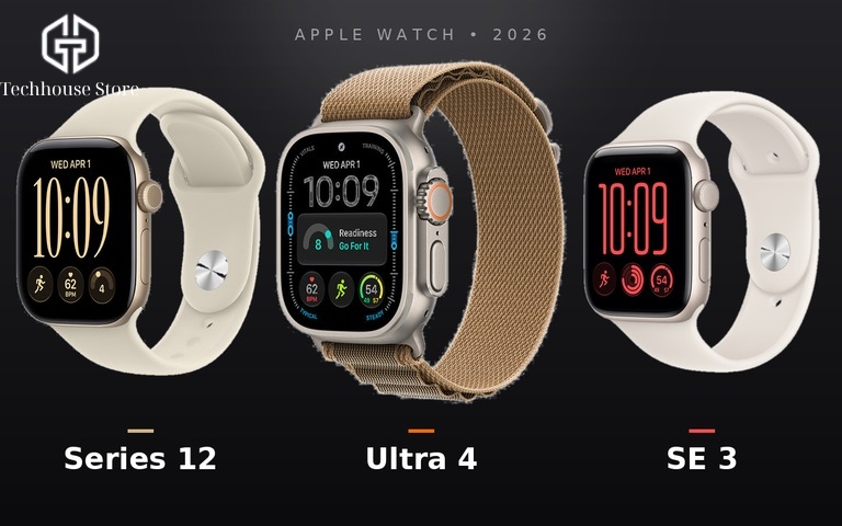 Series 12, Ultra 4 hay SE 3: Chọn Apple Watch mới nhất 2026 Ba dòng Apple Watch mới nhất 2026: Series 12, Ultra 4 và SE 3 trên nền studio tối
