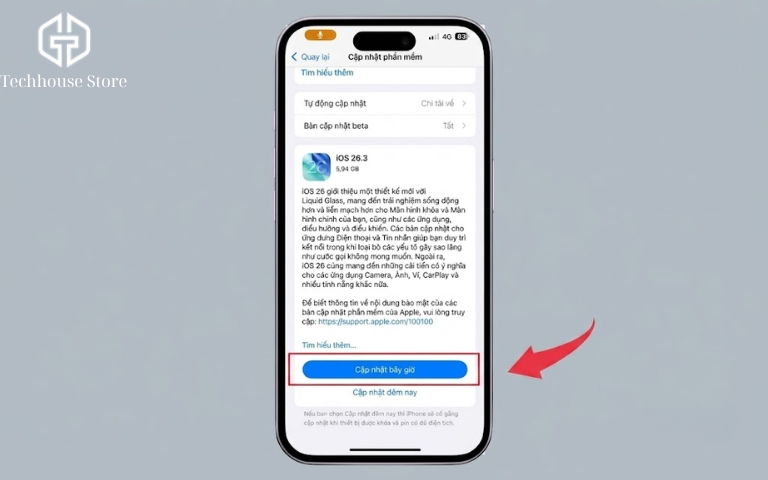 Giao diện Cập nhật phần mềm trên iPhone hiển thị bản iOS 26.3 cùng nút Cập nhật bây giờ được đánh dấu.