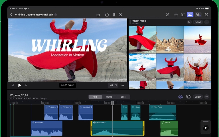 Cách chọn iPad mới nhất 2026 phù hợp nhu cầu từng dòng máy iPad Air M4 chạy Final Cut Pro để chỉnh sửa video.