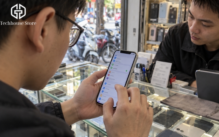 Nên mua iPhone nào làm máy phụ? Gợi ý theo nhu cầu và ngân sách Bàn tay thao tác kiểm tra iPhone cũ tại bàn làm việc, minh họa việc kiểm tra tình trạng thiết bị trước khi quyết định mua.