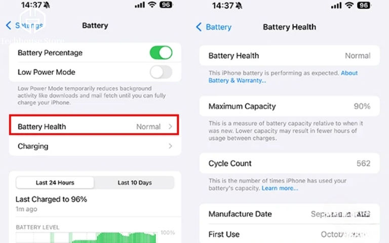 iPhone Active Online là gì? Có nên mua để tiết kiệm chi phí không? Ảnh chụp màn hình mục tình trạng pin iPhone, hiển thị dung lượng tối đa và số chu kỳ sạc.