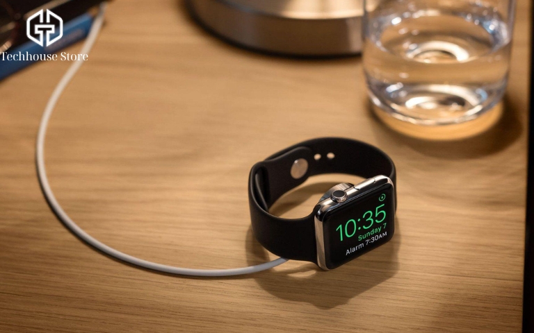 Cách sạc Apple Watch đúng cách cho người mới sử dụng Apple Watch đặt nghiêng trên bộ sạc tại bàn đầu giường bằng gỗ, màn hình hiển thị giờ và báo thức trong chế độ đầu giường.