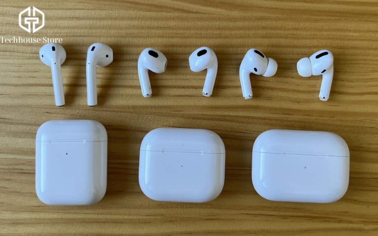 AirPods Pro có chống nước không? Mức chống nước từng đời và cách xử lý khi bị vô nước AirPods 2, AirPods 3 và AirPods Pro đặt cạnh nhau cùng hộp sạc tương ứng.