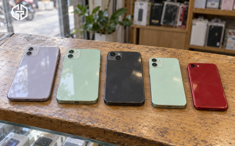 Nên mua iPhone nào làm máy phụ? Gợi ý theo nhu cầu và ngân sách Năm mẫu iPhone 11, iPhone 12, iPhone 13, iPhone 12 mini và iPhone SE 2020 được đặt cạnh nhau để đối chiếu thiết kế và kích thước.