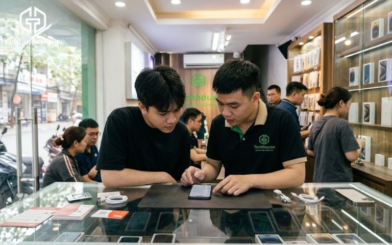 Series 12, Ultra 4 hay SE 3: Chọn Apple Watch mới nhất 2026 Nhân viên TechHouse tư vấn cho khách tại quầy trong cửa hàng