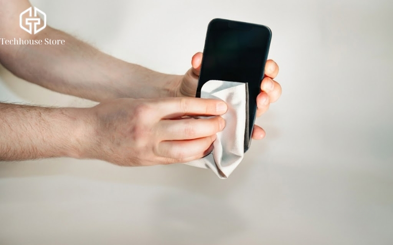 Người dùng lau bề mặt màn hình điện thoại bằng khăn mềm để loại bỏ bụi bẩn và kiểm tra lỗi cảm ứng.