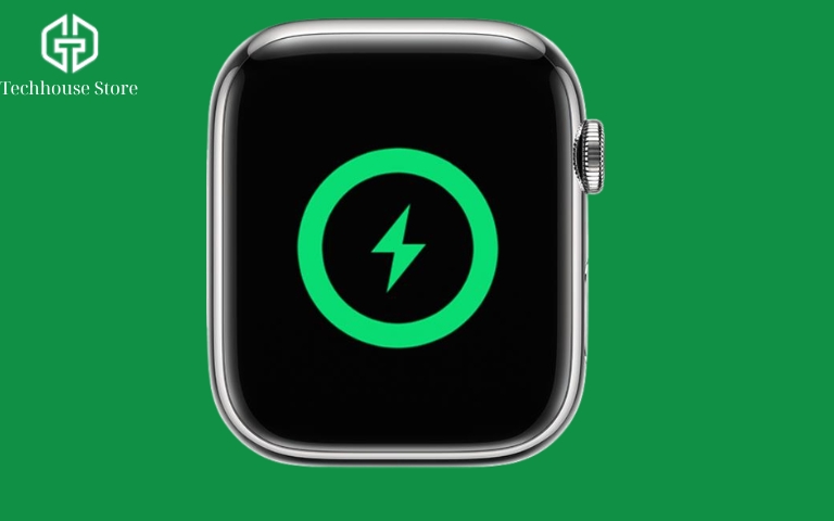 Cách sạc Apple Watch đúng cách cho người mới sử dụng Màn hình Apple Watch hiển thị biểu tượng tia chớp xanh lá nằm trong vòng tròn, thể hiện đồng hồ đang nhận điện.