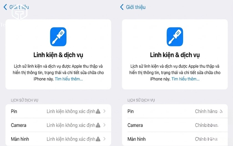 iPhone Active Online là gì? Có nên mua để tiết kiệm chi phí không? Ảnh chụp màn hình mục Lịch sử linh kiện và dịch vụ trên iPhone.